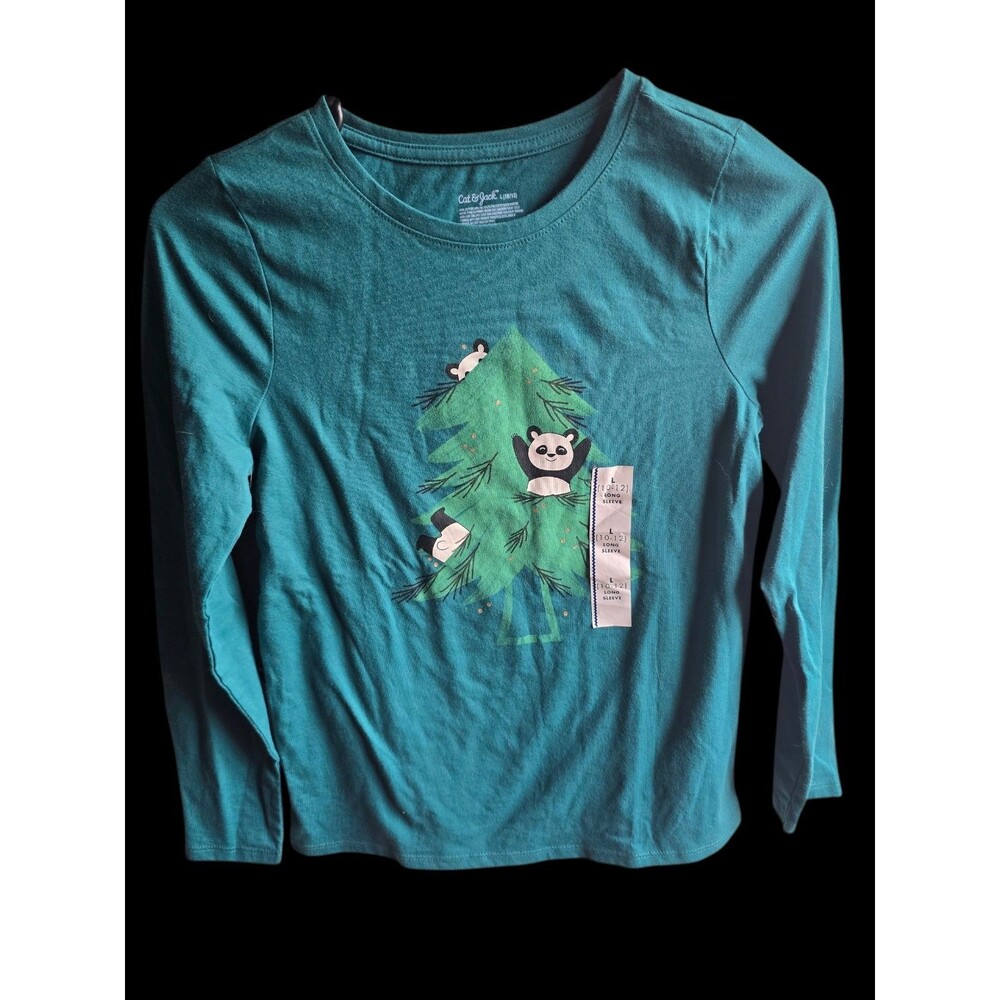 🥥Cat & Jack Girl  Green Long Sleeve Shirt Panda Bear Christmas Size L (10/12)🆕